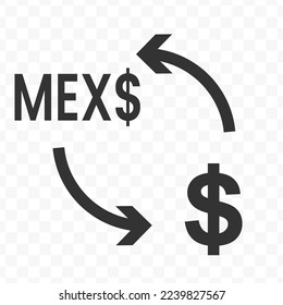 Vector illustration of dollar currency exchange with Mexican Peso currency. Black icon for website design .Simple design on transparent background (PNG).