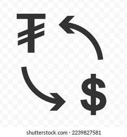 Vector illustration of dollar currency exchange with Mongolian Tugrik currency. Black icon for website design .Simple design on transparent background (PNG).