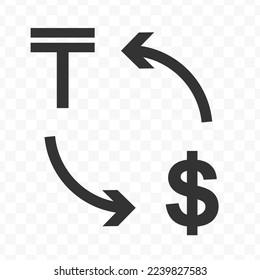 Vector illustration of dollar currency exchange with Kazakhstani tenge currency. Black icon for website design .Simple design on transparent background (PNG).