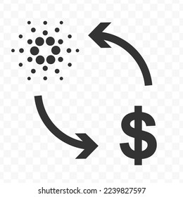 Vector illustration of dollar currency exchange with Cardano  currency. Black icon for website design .Simple design on transparent background (PNG).