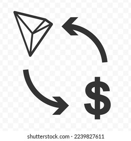Vector illustration of dollar currency exchange with Tron currency. Black icon for website design .Simple design on transparent background (PNG).