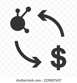 Vector illustration of dollar currency exchange with BitConnect currency. Black icon for website design .Simple design on transparent background (PNG).