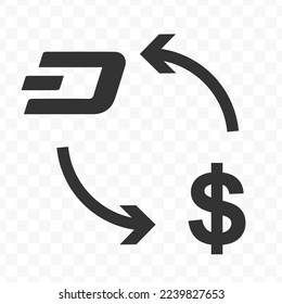 Vector illustration of dollar currency exchange with Dash currency. Black icon for website design .Simple design on transparent background (PNG).