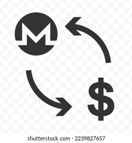 Vector illustration of dollar currency exchange with Monero currency. Black icon for website design .Simple design on transparent background (PNG).