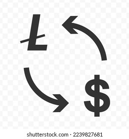 Vector illustration of dollar currency exchange with litecoin  currency. Black icon for website design .Simple design on transparent background (PNG).