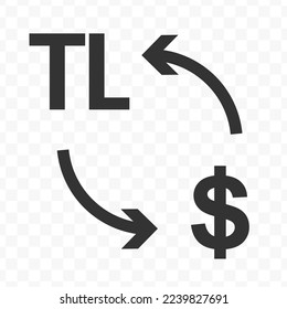 Vector illustration of dollar currency exchange with Turkey Lira currency. Black icon for website design .Simple design on transparent background (PNG).
