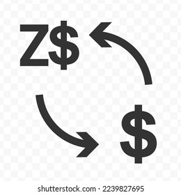 Vector illustration of dollar currency exchange with Zimbabwe Dollar currency. Black icon for website design .Simple design on transparent background (PNG).