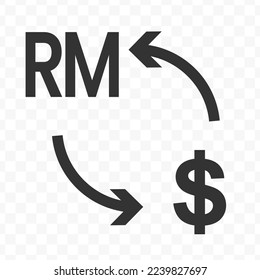 Ilustración vectorial del cambio de moneda en dólares con la moneda Ringgit. Icono negro para el diseño de sitios web .Diseño simple sobre fondo transparente (PNG).