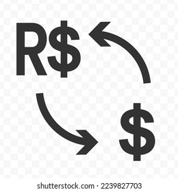 Vektorgrafik der Dollar-Währungsumrechnung mit Real-Brasilien-Währung. Schwarzes Symbol für Website-Design. Einfaches Design auf transparentem Hintergrund (PNG).