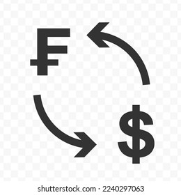 Vector illustration of dollar currency exchange with Franc currency. Black icon for website design .Simple design on transparent background (PNG).