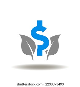 Vector illustration of dollar currency and leaves. Icon of ecology invest. Symbol of ESG investing.