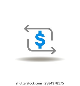 Vector illustration of dollar currency with round arrows. Icon of back return money. Symbol of policy refund. Sign of cashback.