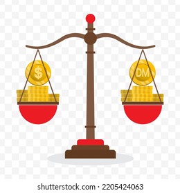 Vector illustration of dollar currency scale with deutsche mark currency. Colored vector for website design. Simple design on transparent background (PNG).