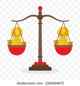 Vector illustration of dollar currency scale with Rupee currency. Colored vector for website design. Simple design on transparent background (PNG).