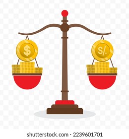 Vector illustration of dollar currency scale with Peru Nuevo Sol. Colored vector for website design. Simple design on transparent background (PNG).