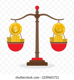 Ilustración vectorial de la escala monetaria en dólares con Dirham de los EAU. Vector de color para el diseño de sitios web. Diseño sencillo sobre fondo transparente (PNG).
