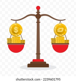 Vector illustration of dollar currency scale with Dash coin. Colored vector for website design. Simple design on transparent background (PNG).