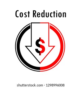Vector illustration of dollar decrease icon. Money symbol with arrow stretching fall down. Business cost reduction concept. 