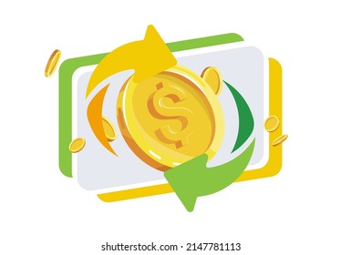 ilustración vectorial de una moneda de oro en dólares con flechas, concepto de devolución de efectivo