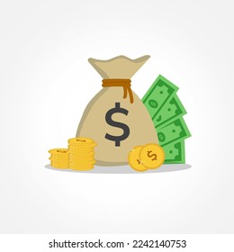 Vector illustration of a dollar money bag with coins, representing wealth, savings, and financial stability. This detailed financial concept illustration is ideal for use in projects related to bankin