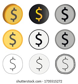 Vector illustration of a dollar, nine options for American currency. American dollar currency icons in different styles.