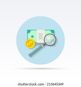 Vector illustration of dollar pack with magnifier