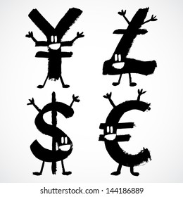 Vector illustration of Dollar, Pound, Yen and Euro in grunge style