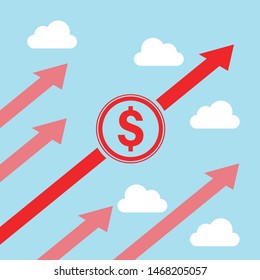 vector illustration dollar rate increase icon. Money symbol with stretching arrow up. rising prices. Business cost sale icon. cash salary increase. investment growth. 