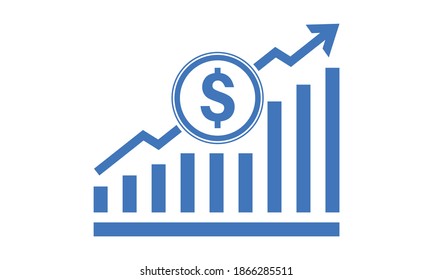 Vector illustration of dollar rate increase icon. Money symbol with stretching arrow up. Increase profit, salary, income, cost, price, economy and revenue. Icon for business concept. 