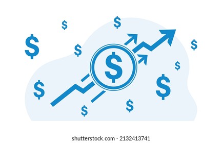 Vector illustration of dollar rate increase icon. Money symbol with stretching arrow up. Increase profit, salary, income, cost, price, economy and revenue. Icon for business concept. 
