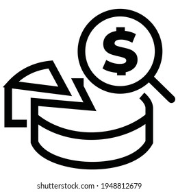 Vector illustration of a dollar search symbol icon with a pie chart. black and white color, line drawing style. color can be edited. 2500 x 2500 pixel perfect.
