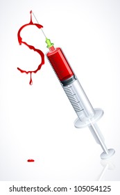 vector illustration of dollar shape dropping from syringe