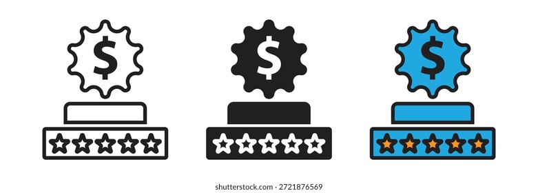 Ilustración vectorial de una insignia de signo de dólar en un pedestal de cinco estrellas. Representa el Precios premium, productos de alto valor y estándares de servicio de lujo.
