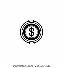 Vector illustration of dollar sign icon surrounded by circular arrows, symbolizing financial rotation, money circulation, and economic concept, good for business, finance, and economy design context.
