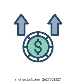 Ilustração vetorial de um cifrão ($) dentro de um círculo segmentado. O círculo é dividido em segmentos alternados de verde claro e cinza.  Esta imagem representa finanças, moeda, investimentos