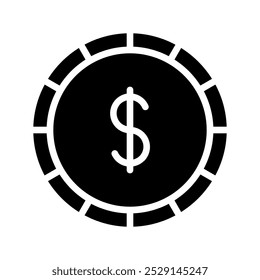 Vector illustration of a dollar symbol within a coin shape in black and white.