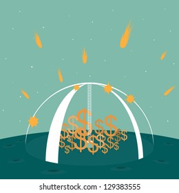Vector illustration of dollar symbols protected by a strong shield from falling meteors in a science fiction setting.