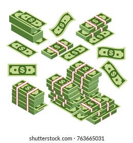 Vector illustration of dollars bundles scattered, stacked with different sides isolated on white background. Dollars banknotes set in flat style.