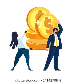 Vector illustration. Dollars money, business for development. People, African American girl and European businessman carry gold coins finance for deposit.Business mission concept. Earning, cash reward