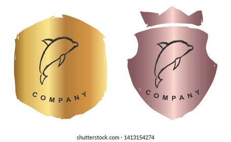 Vector Illustration of Dolphin Animal with Rose Gold and Gold Banner or Background. Graphic Design for Logo and T-shirt.