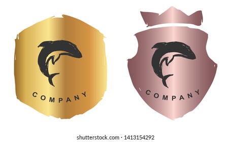 Vector Illustration of Dolphin Animal with Rose Gold and Gold Banner or Background. Graphic Design for Logo and T-shirt.
