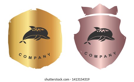 Vector Illustration of Dolphin Animal with Rose Gold and Gold Banner or Background. Graphic Design for Logo and T-shirt.
