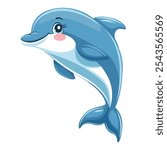 Vector illustration of a dolphin in cartoon style. Cute smiling dolphin on a white background.