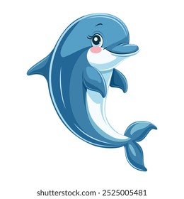 Vector illustration of a dolphin in cartoon style. Cute smiling dolphin on a white background.