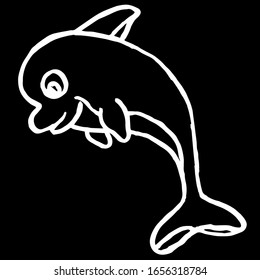 
 Vektorillustration. Delphin, Nahaufnahme auf schwarz-isoliertem Hintergrund. Cover-Design, Bekleidungsausdruck.