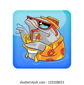 Vector illustration of dolphin drinking cocktail and waves at you.