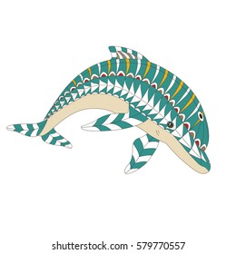 Vector illustration of the dolphin, isolated. Artwork in ethnic and zentangle style. T-shirt, print, card, poster, tattoo design