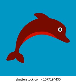 vector illustration of dolphin jumping on the wave. Monochrome dolphin isolated on background. Logo template.