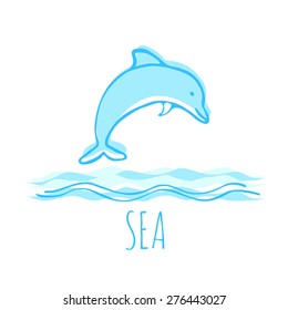 Vector illustration dolphin jumping out of water, with "Sea' text