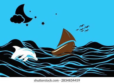 Vector illustration of a dolphin jumping over waves with a sailboat, birds, moon and stars against a blue sky background.